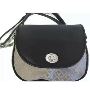 Tommy Hilfiger Logo Print Crossbody Saddle Handbag Ivory Brown